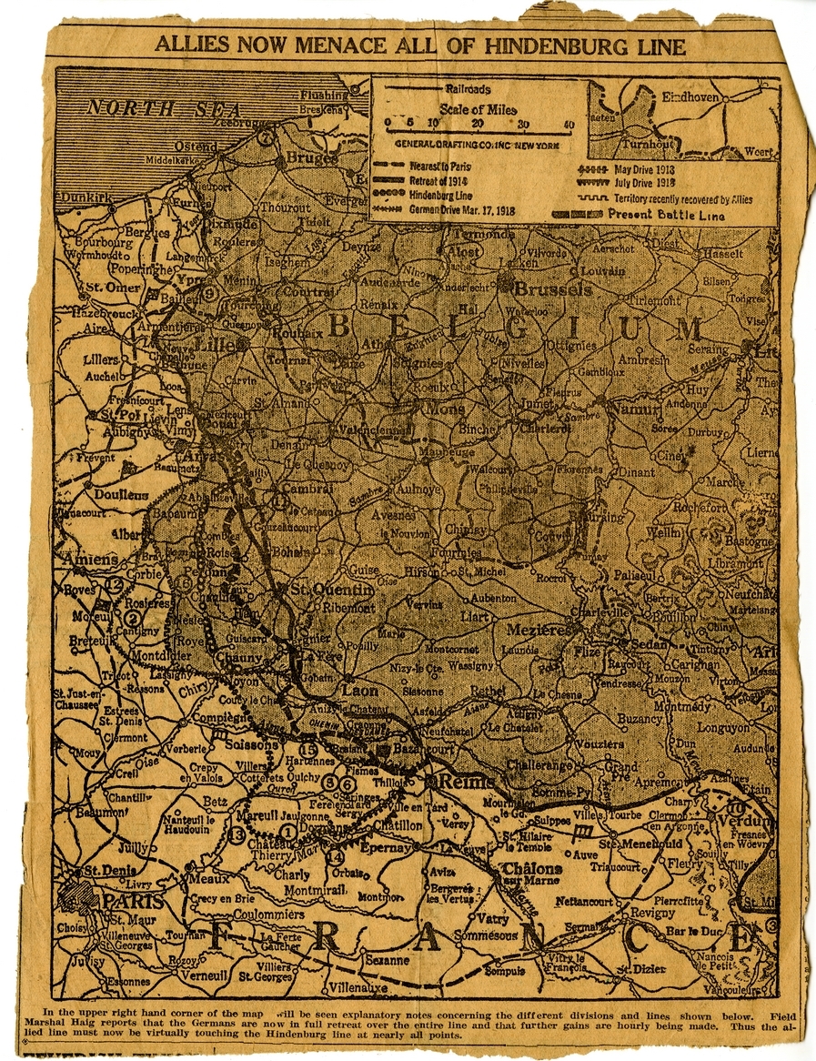 Map from a Newspaper Article, "Allies Now Menace All of Hindenburg Line"