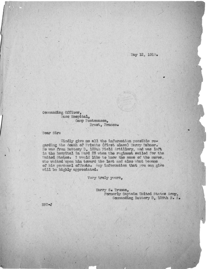 Letter from Colonel S. U. Marietta, Commanding Officer, Camp Hospital 33, to Captain Harry S. Truman