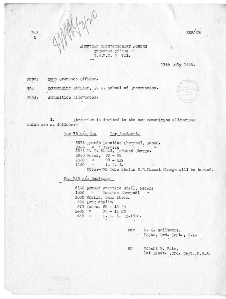 Memorandum from First Lieutenant Robert E. Pate to the Commanding Officer, Field Artillery School of Instruction