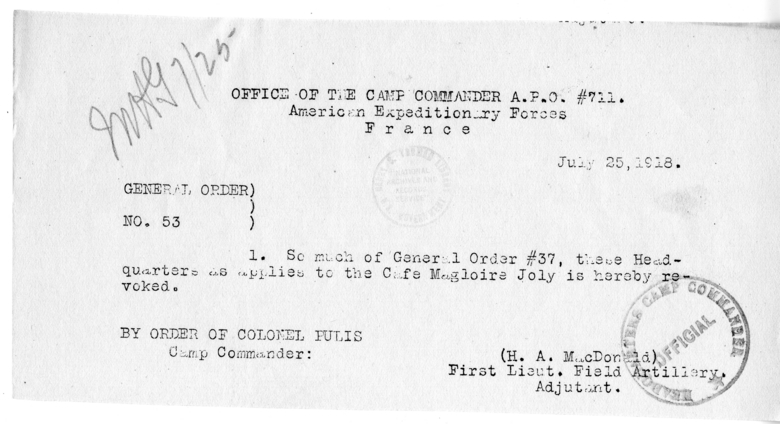 General Order Number 53 from First Lieutenant H. A. MacDonald
