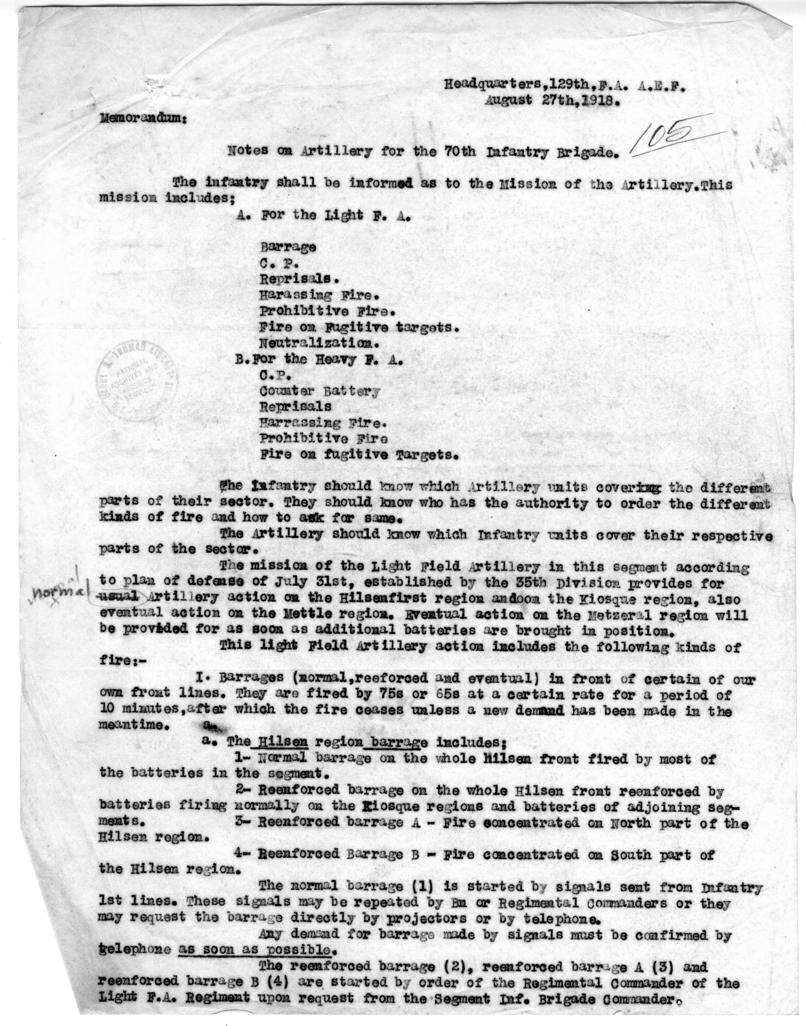 Notes on Artillery for the 70th Infantry Brigade
