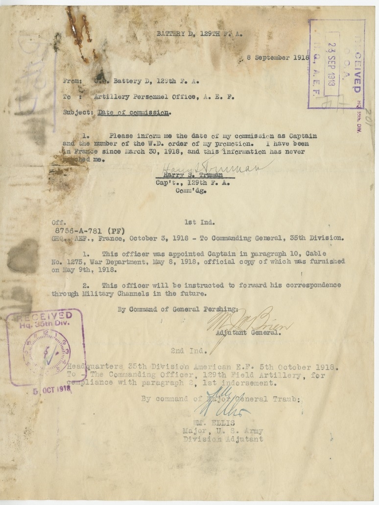 Memorandum from Captain Harry S. Truman to Artillery Personnel Office, American Expeditionary Forces, with Indorsements