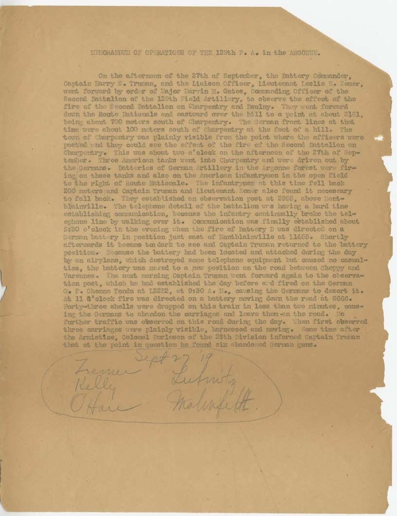 Memorandum of Operations of the 129th F.A. in the Argonne