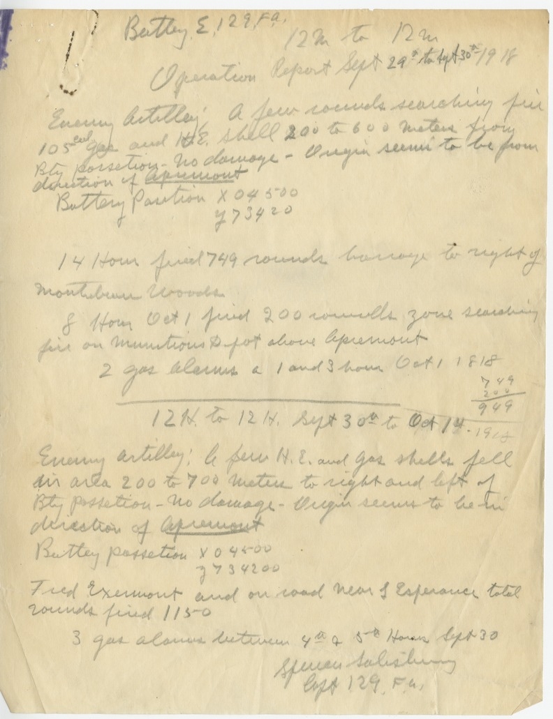 Operations Reports, Battery D, 129th Field Artillery