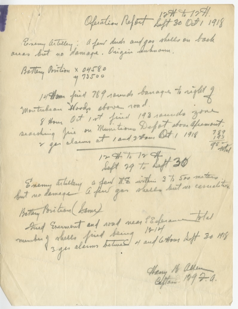 Operations Reports, Battery D, 129th Field Artillery