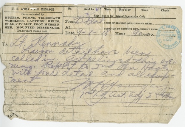 U.S. Army Field Message from First Lieutenant W. H. Younger to Lieutenant Kennedy