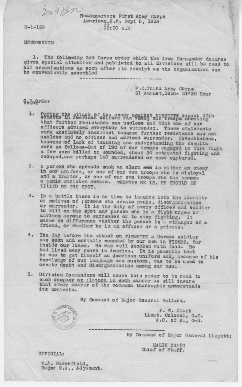 Memorandum from Lieutenant Colonel F. W. Clark