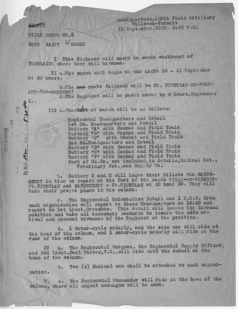 Field Order Number 6 from Captain J. A. Fouilhoux