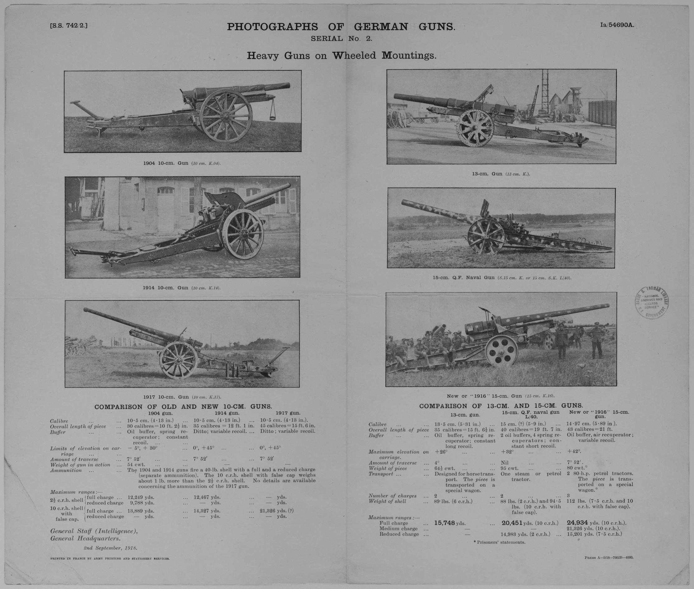 Chart, Photographs of German Guns, Serial Number 2, Heavy Guns on Wheeled Mountings