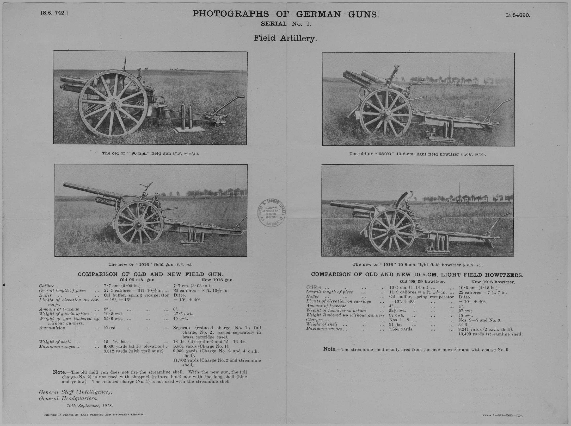 Chart, Photographs of German Guns, Serial Number 3, Medium and Heavy Field Howitzers