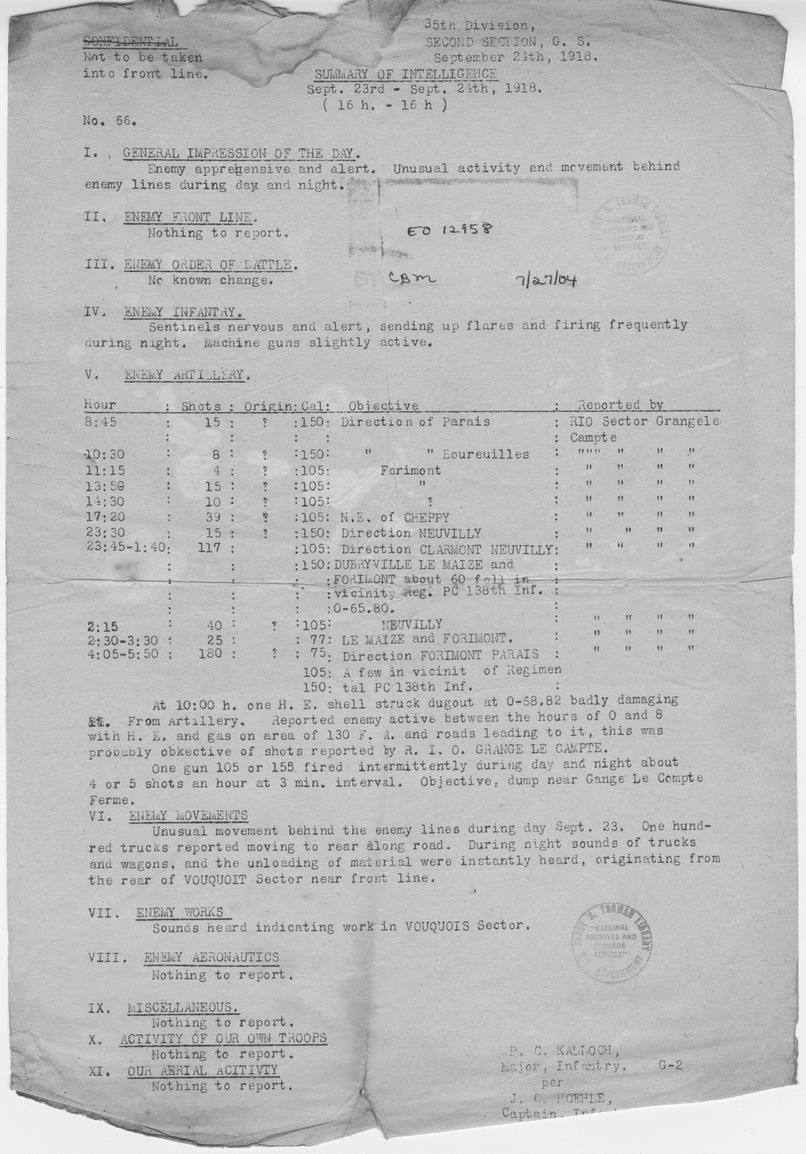 Summary of Intelligence Number 66 from Major P. C. Kalloch