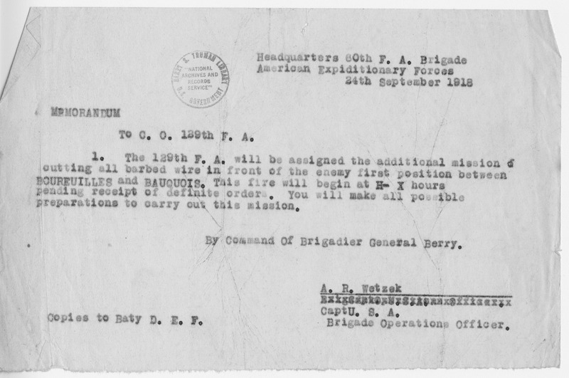 Memorandum to the Commanding Officer of the 129th Field Artillery from Captain A. R. Wetzek