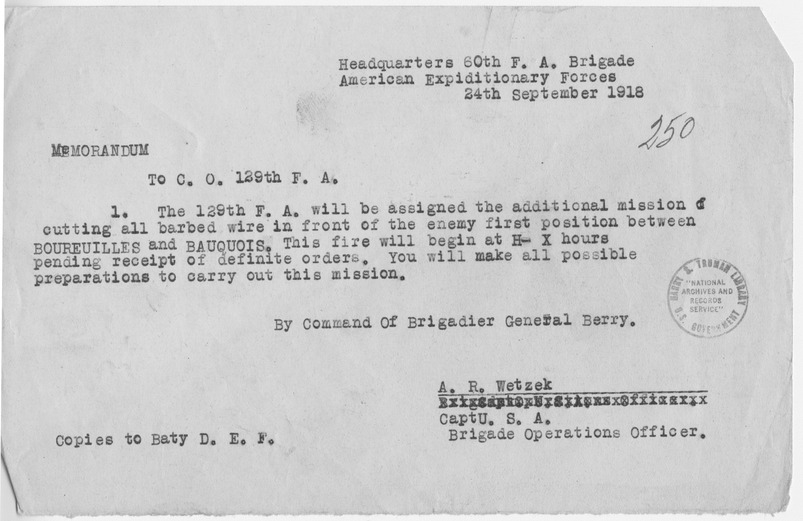 Memorandum from Captain A. R. Wetzek to the Commanding Officer of the 129th Field Artillery