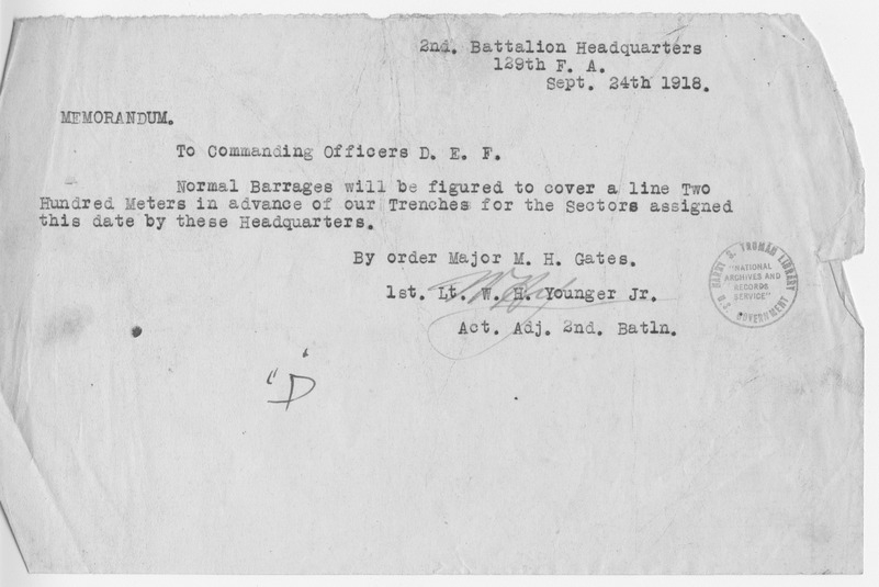 Memorandum from First Lieutenant W. H. Younger, Jr.