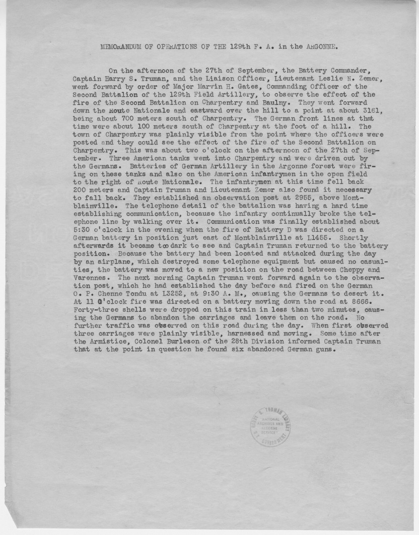 Memorandum of Operations of the 129th Field Artillery in the Argonne