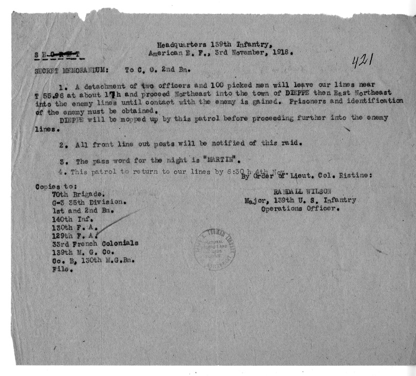 Secret Memorandum to the Commanding Officer, Second Battalion, 129th Field Artillery, from Major Randall Wilson