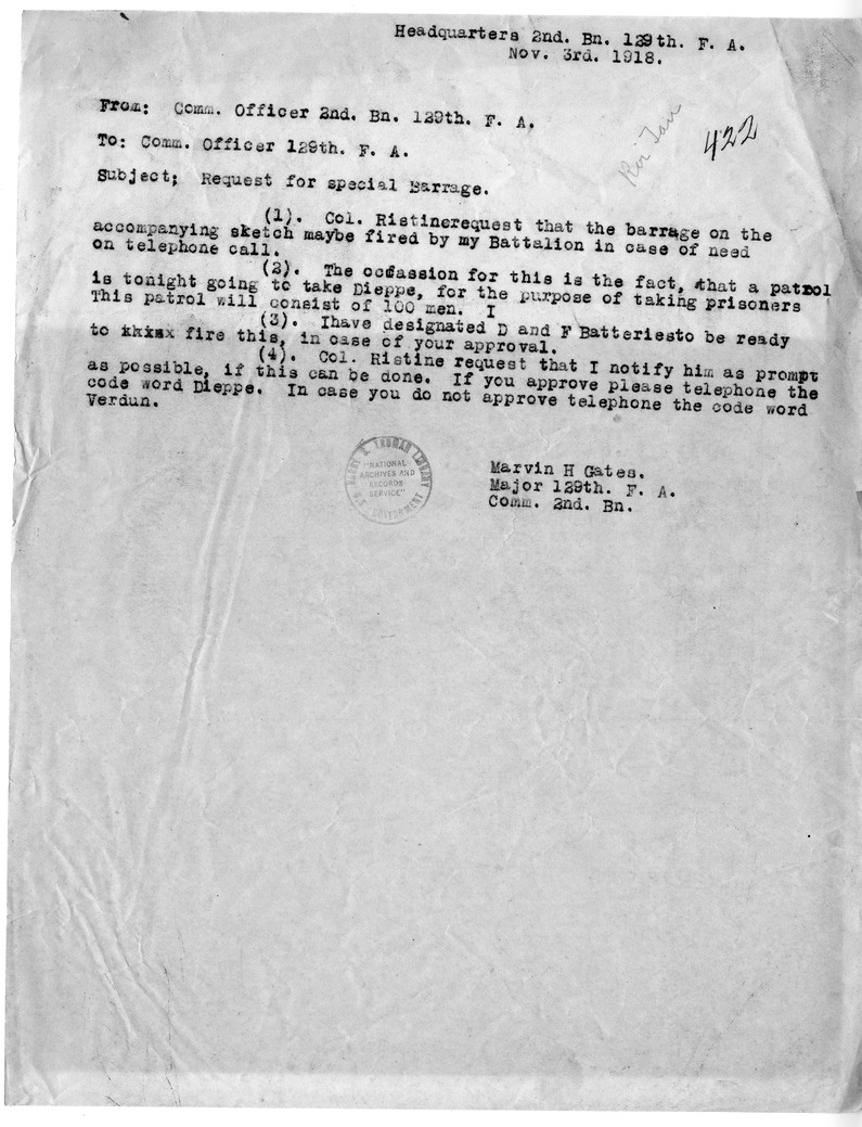 Memorandum from Major Marvin H. Gates to Commanding Officer, 129th Field Artillery