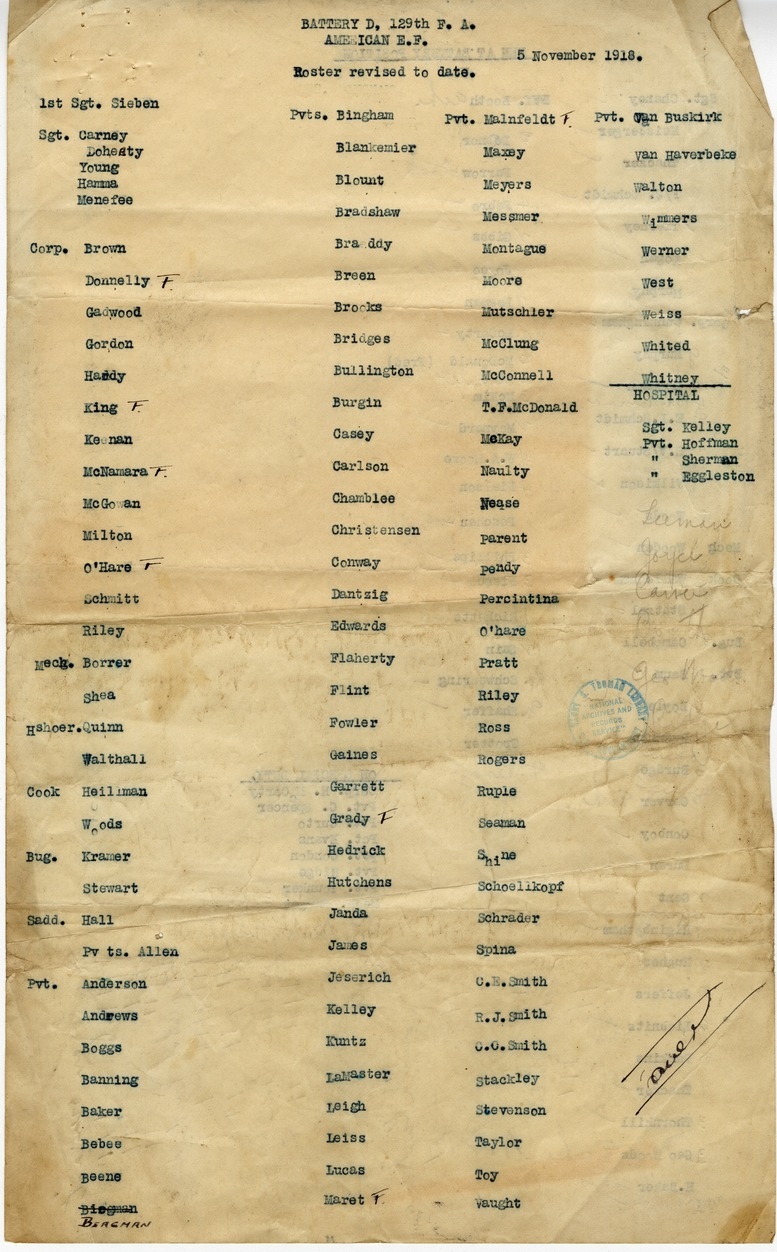 Report, Roster and Soldier Positions of Battery D, 129th Field Artillery, with Handwritten Notes