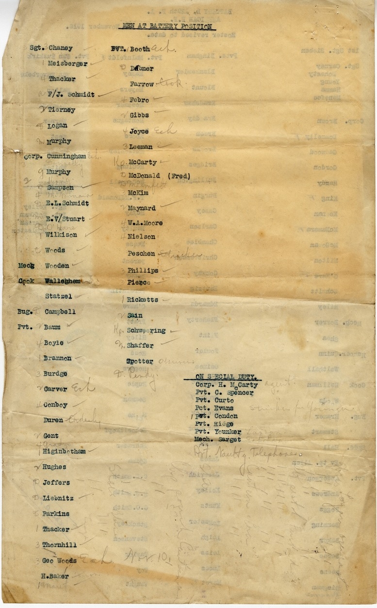 Report, Roster and Soldier Positions of Battery D, 129th Field Artillery, with Handwritten Notes