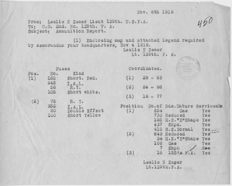 Ammunition Report from Lieutenant Leslie Zemer, 129th Field Artillery