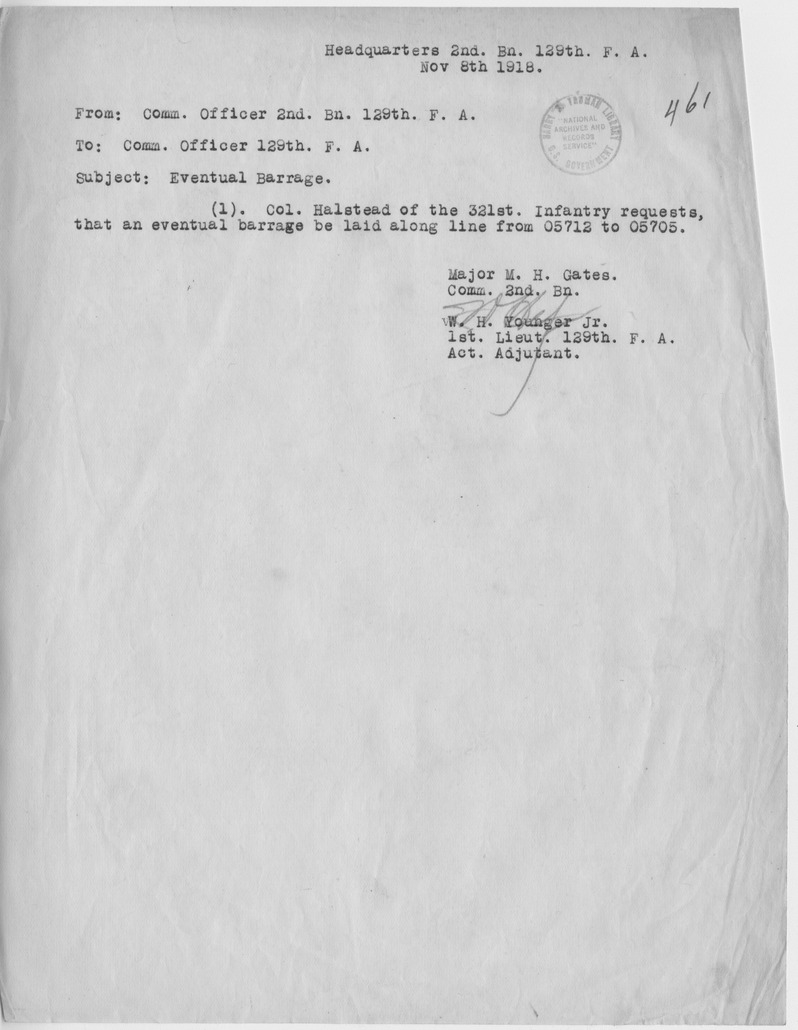 Report from Commanding Officer Major Marvin Gates to the Commanding Officer, 129th Field Artillery