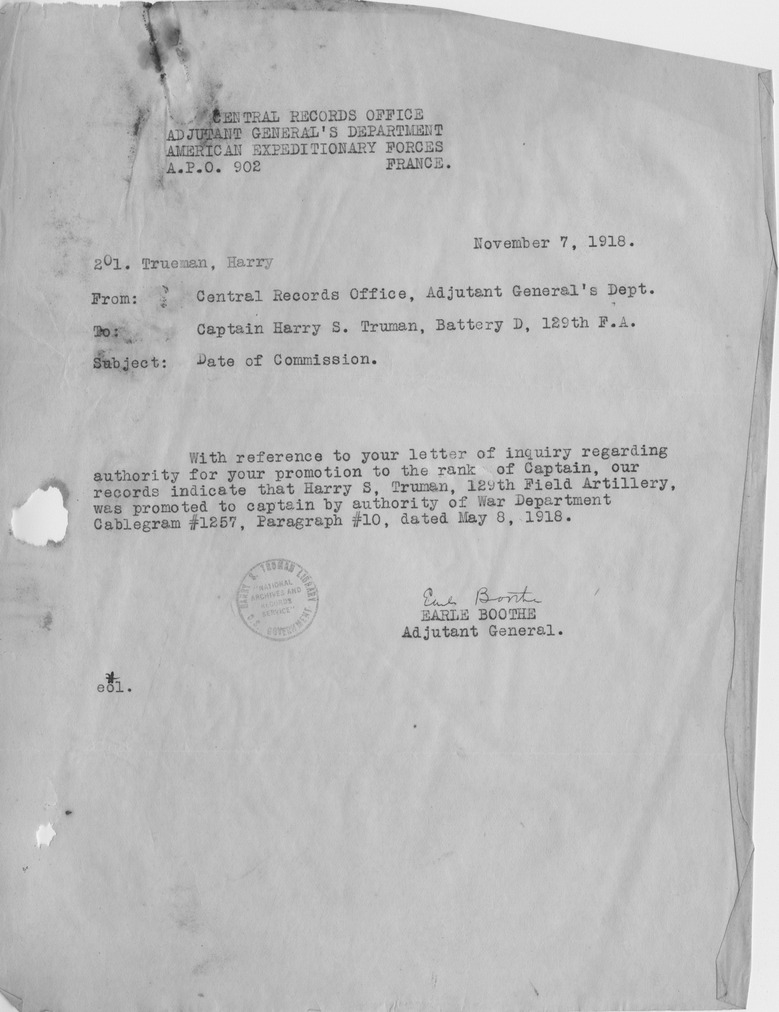 Memorandum from Earle Boothe, Adjutant General's Office, to Captain Harry S. Truman