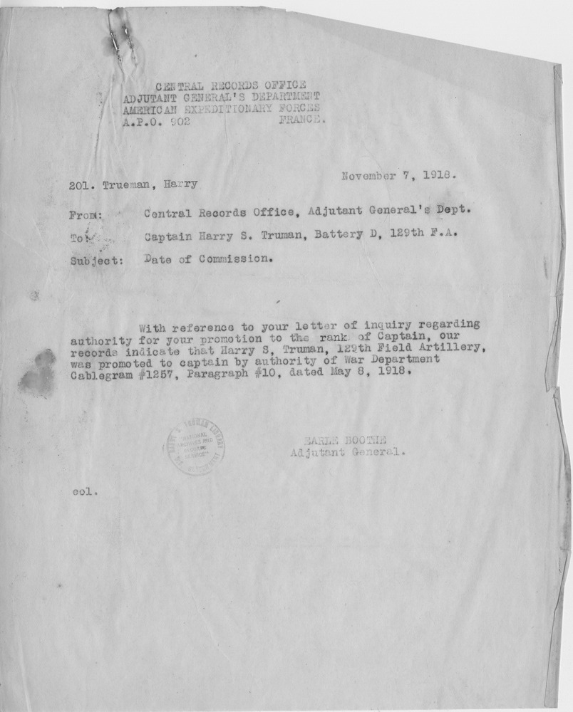 Memorandum from Adjutant General Earle Boothe to Captain Harry S. Truman