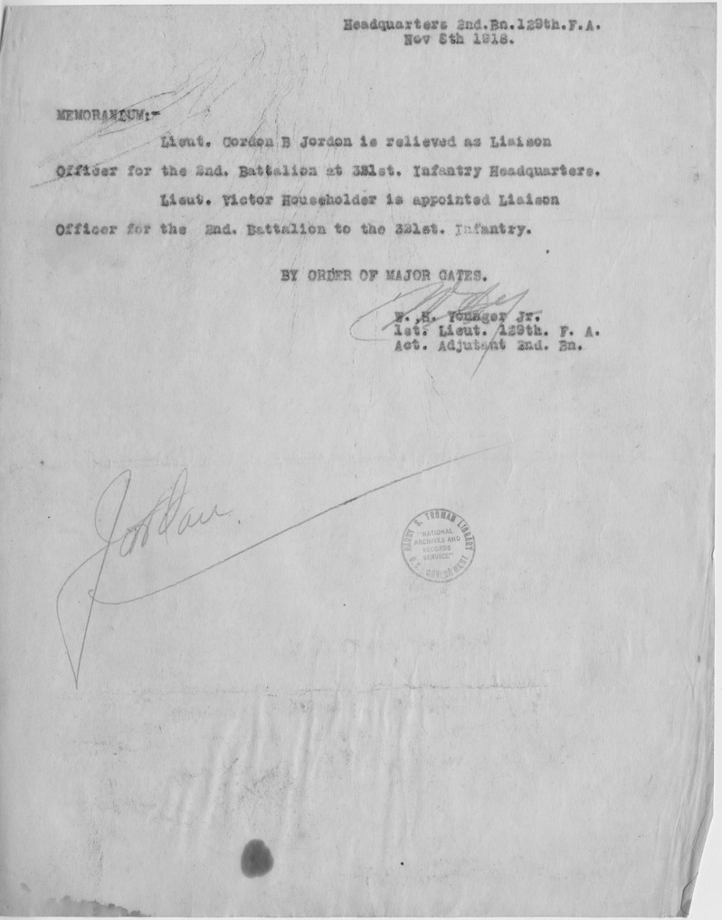 Memorandum by Order of Major Marvin Gates