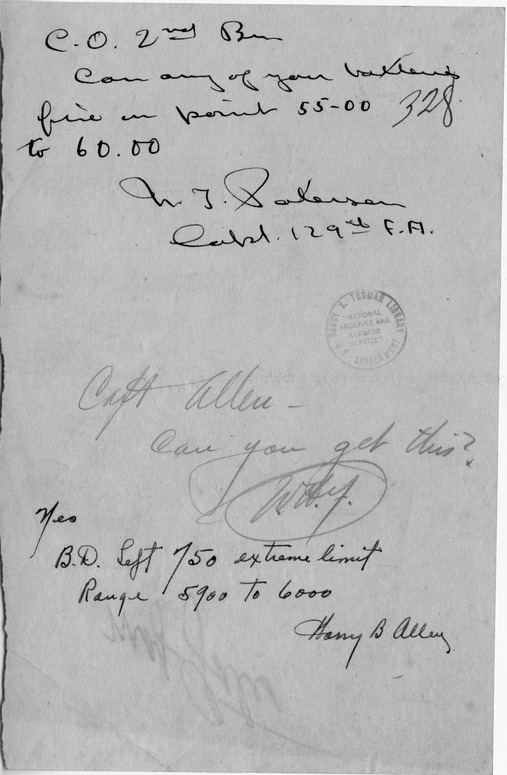 Handwritten Note to the Commanding Officer of the Second Battalion from Captain Newell T. Paterson