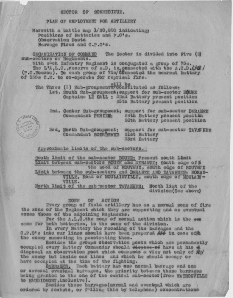 Memorandum, Plan of Employment for Artillery, Sector of Sommedieue, with Attached Charts