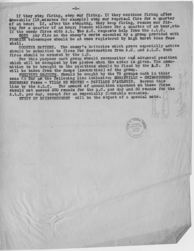 Memorandum, Plan of Employment for Artillery, Sector of Sommedieue, with Attached Charts