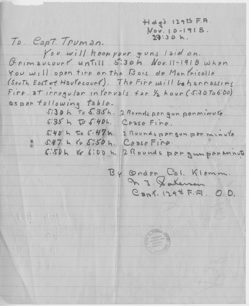 Orders from Colonel Karl Klemm to Captain Harry S. Truman