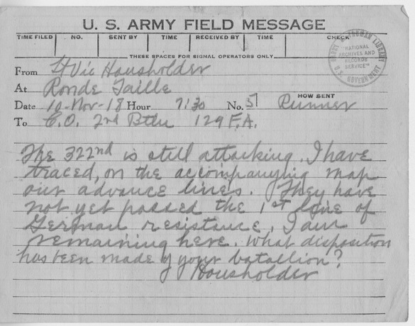 U.S. Army Field Message from Lieutenant Vic Housholder to the Commanding Officer, Second Battalion, 129th Field Artillery