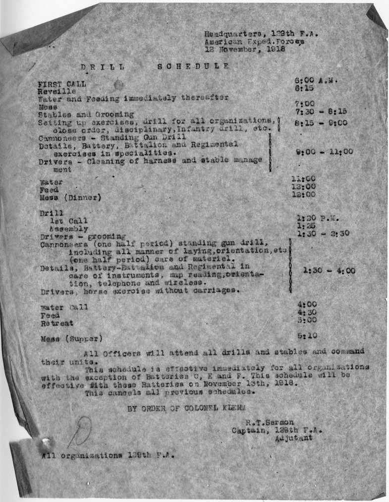 Memorandum, Drill Schedule from Captain Roger T. Sermon