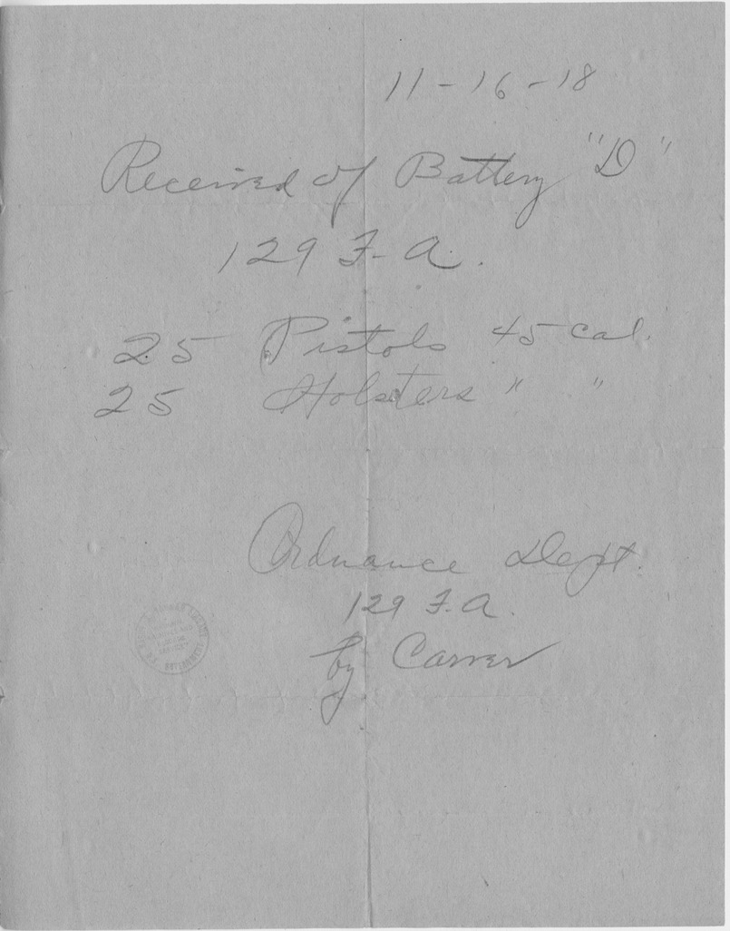 List of Items Received of Battery D, 129th Field Artillery