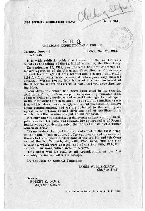 General Order Number 238 from Chief of Staff James W. McAndrew