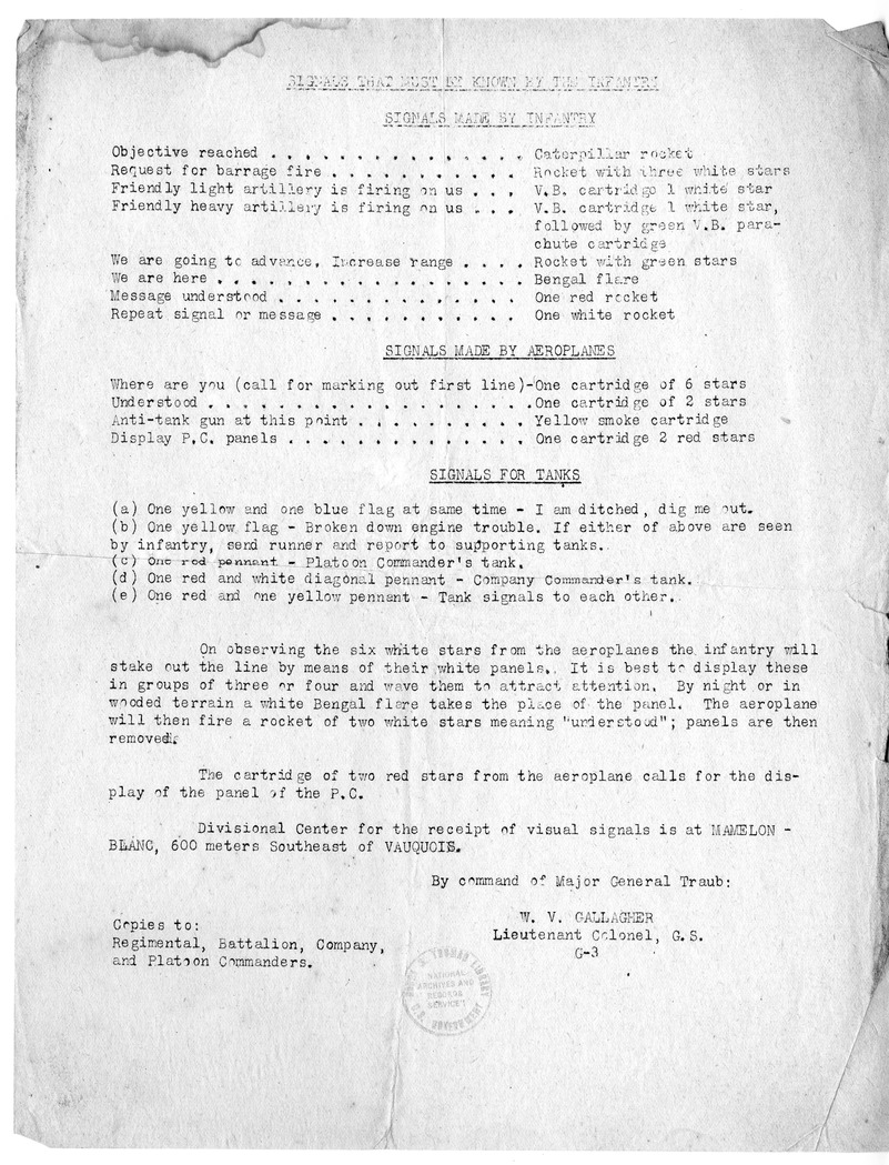 Memorandum, Signals That Must Be Known by the Infantry, from Lieutenant Colonel W. V. Gallagher