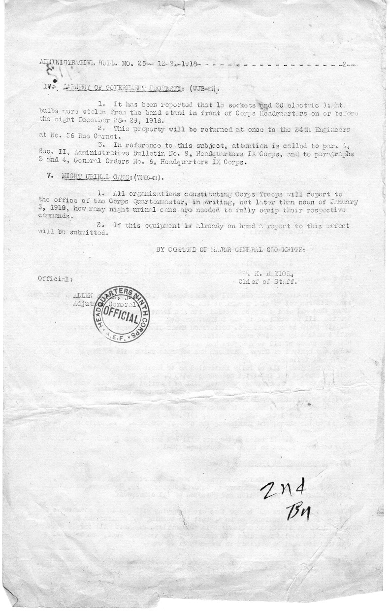 Administrative Bulletin Number 25 from Chief of Staff W. K. Naylor