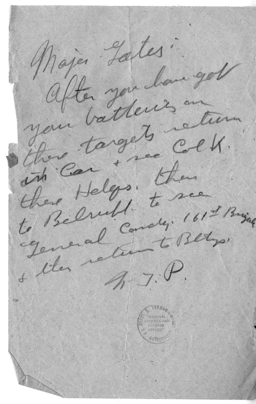 Handwritten Note from Captain Newell T. Paterson to Major Marvin Gates