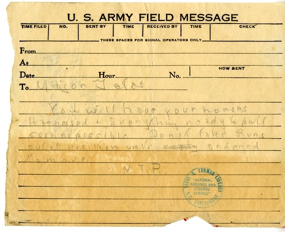 Handwritten Note from Captain Newell T. Paterson to Major Marvin Gates