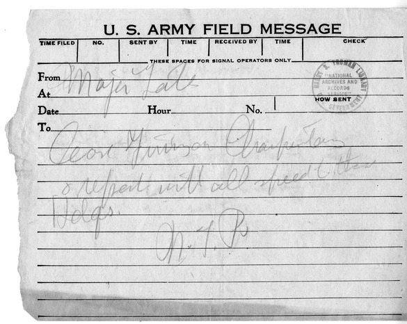 Handwritten Message from Captain Newell T. Paterson to Major Marvin Gates