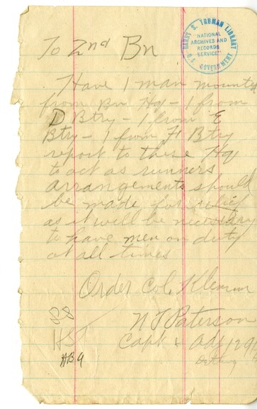 Handwritten Note from Captain Newell T. Paterson to Second Battalion, 129th Field Artillery