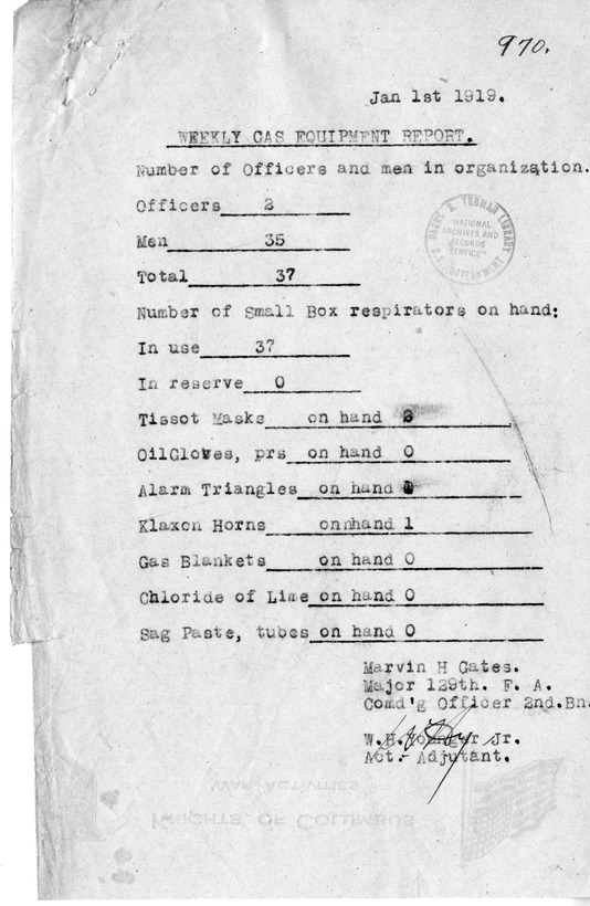 Memorandum from Captain Roger T. Sermon to All Organizations, with Attached Weekly Gas Equipment Report