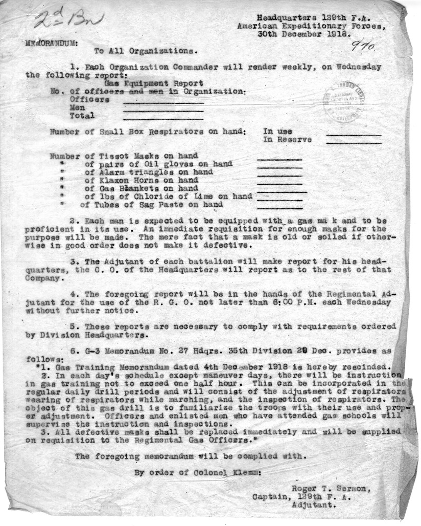 Memorandum from Captain Roger T. Sermon to All Organizations, with Attached Weekly Gas Equipment Report