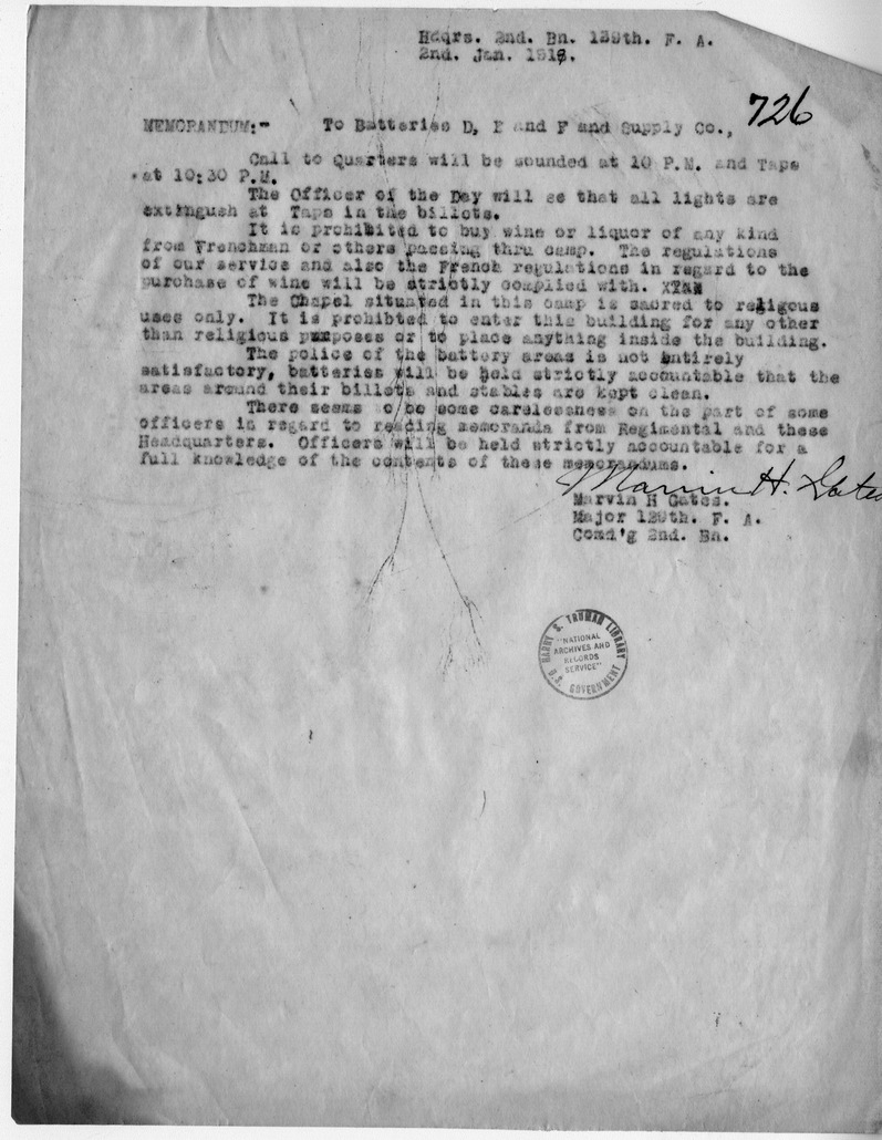 Memorandum from Major Marvin Gates to Batteries D, E, F, and Supply Company