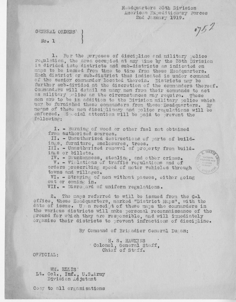 General Orders Number 1 from Colonel H. S. Hawkins