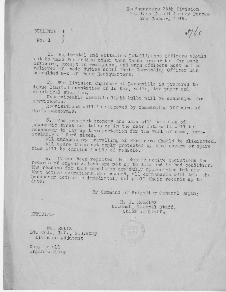 Bulletin Number One from Colonel H. S. Hawkins