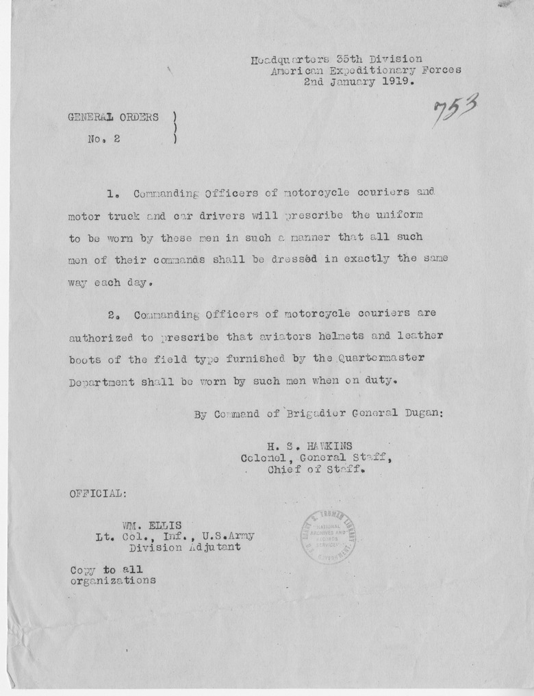 General Orders Number 2 from Colonel H. S. Hawkins