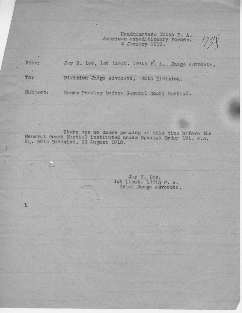 Memorandum from First Lieutenant Jay M. Lee to Division Judge Advocate