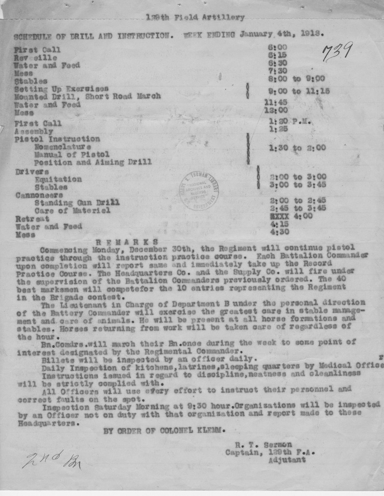 Schedule of Drill and Instruction from Captain Roger T. Sermon